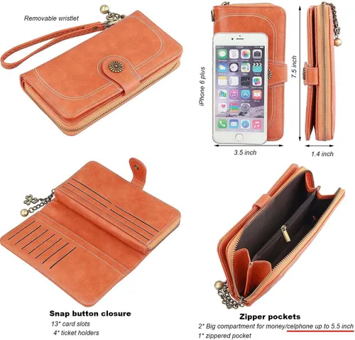 Vista 4 de Billeteras para mujeres y hombres de piel sintética con tarjeteros de crédito, organizador grande para chequera para teléfono, Broche de girasol +
