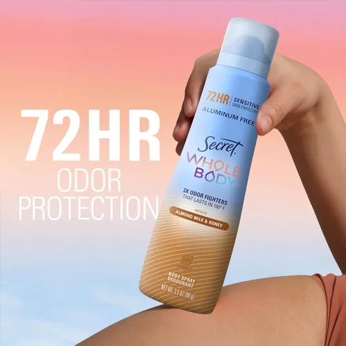 Vista 4 de Secret Desodorante en aerosol para todo el cuerpo para mujer, aroma a leche de almendra y miel, desodorante sin aluminio, protección contra olores