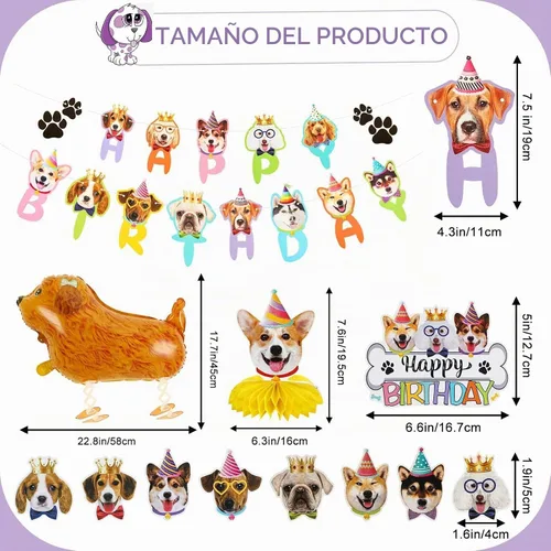Vista 2 de 39 piezas de decoración para fiesta de perros - Bandera de cumpleaños, panales, globos y adornos para cupcakes para amantes de perros