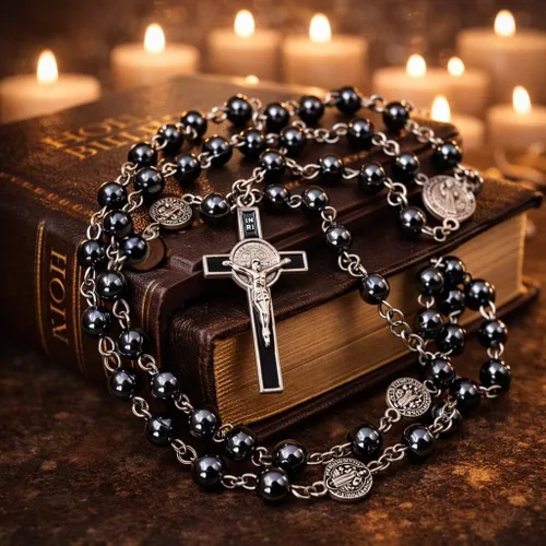 Vista 3 de TALISMAN4U Collar con rosario católico, cuentas de hematita negra, medalla de San Benito y caja de regalo de cruz, Hematita