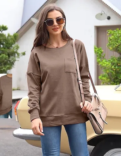 Vista 2 de OFEEFAN - Sudaderas para mujeres, cuello redondo, camisetas tipo túnica de manga larga para otoño para usar con leggings