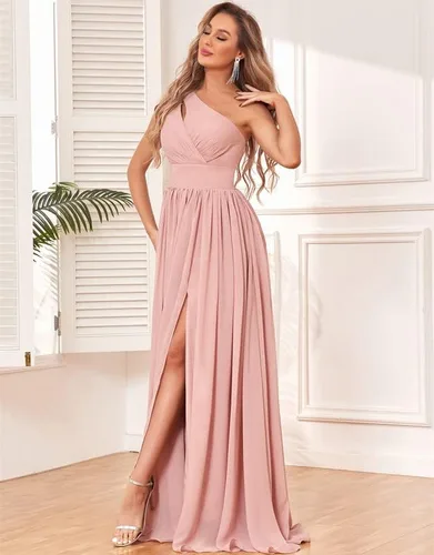 Vista 3 de MXODI One Shoulder Bridesmaid Dress with Slit Chiffon Long Formal Dresses with Pockets