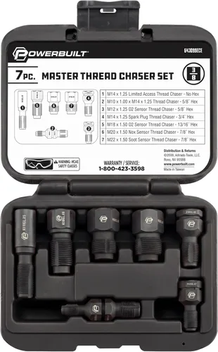 Vista 2 de Powerbuilt 7pc Master Thread Repair Chaser Set (O2, Spark Plug & Fasteners) Heat-treated steel, restores damaged fastener grooves; corrosion