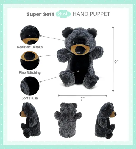 Vista 2 de DolliBu - Marioneta de peluche de oso negro, súper suave, juguetes de peluche de animales salvajes para niños y adultos, lindo oso de peluche negro