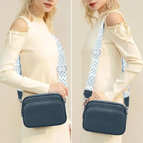 Vista 6 de Bolso cruzado pequeño para mujer, de piel auténtica, bolso cruzado para cámara, bolso cruzado para mujer con correa de guitarra