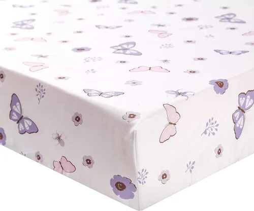 Vista 5 de La Premura Juego de ropa de cama de cuna pequeña para niñas, mariposa púrpura pastel, juego de cuna de 3 piezas para guardería, cuna portátil