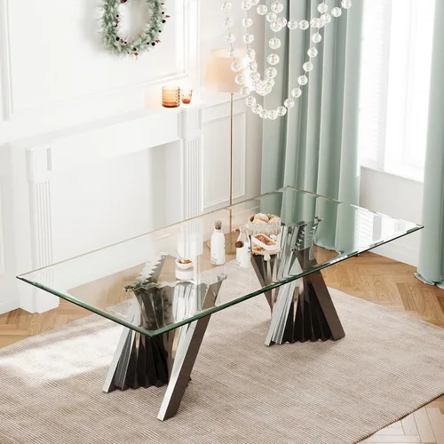 Vista 12 de Mesa de comedor de cristal, mesa de cocina rectangular plateada de Plateado