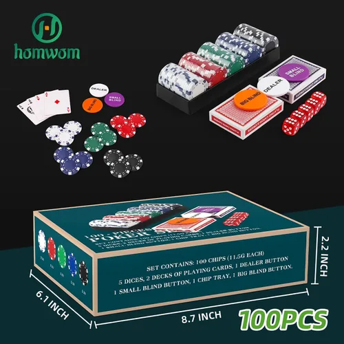 Vista 4 de Homwom Juego de póquer para viajar, 100 piezas, 5 colores, fichas de póquer profesionales en caja de regalo de cartón, fichas de póquer de casino