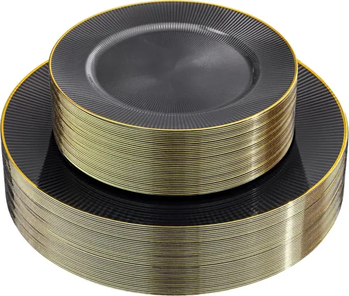 Vista 20 de 60 piezas de platos de plástico negro - Juego de vajilla desechable con borde dorado, martillado, resistente, adecuado para 30 invitados, platos