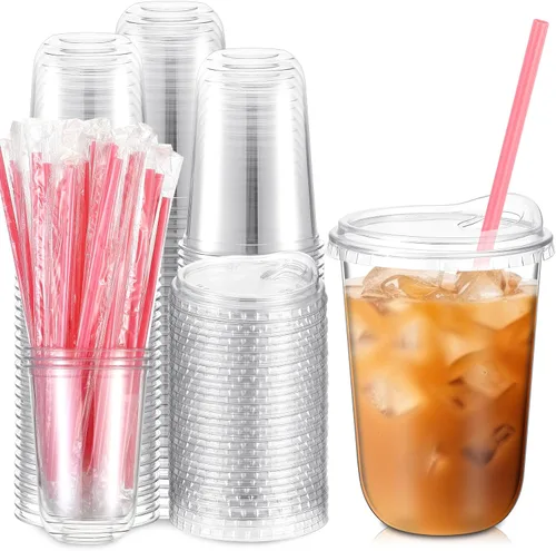 Vista 11 de Ziliny 25 juegos de vasos de plástico con pajitas y tapas de corazón rosa