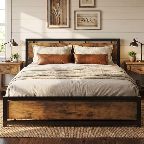 Vista 19 de LIKIMIO Base de cama tamaño King con cabecero y estribo Negro
