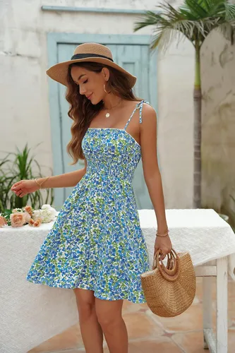 Vista 2 de Sexyasasii Vestido de verano para mujer con tirantes delgados estilo bohemio floral con volantes cintura imperio fruncido corto para patinadora