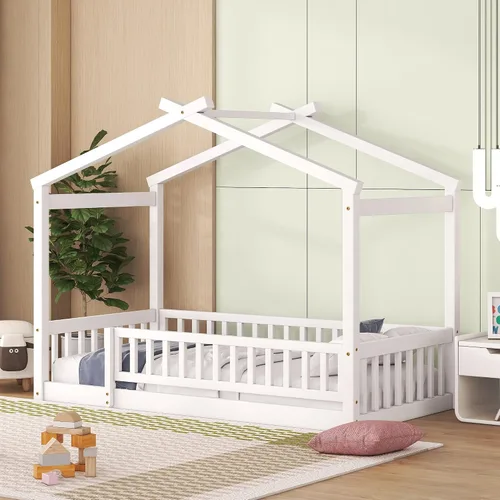 Vista 12 de MERITLINE Cama individual Montessori para niños, marco de cama individual Montessori con rieles y techo, no necesita somier, para niños, Gris