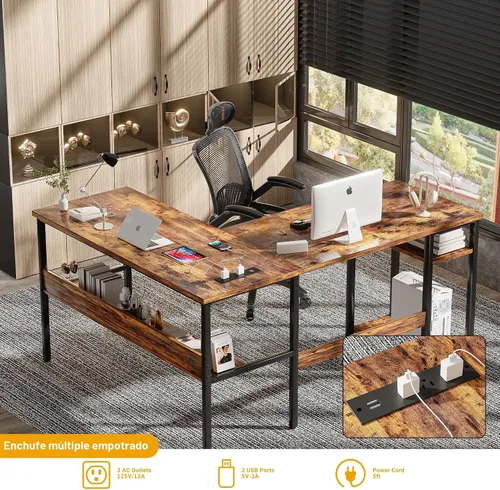Vista 4 de Unikito Escritorio para computadora en forma de L con tomas de corriente mágicas y puerto de carga USB, escritorio esquinero reversible resistente