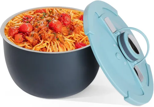 Vista 8 de Tazón de servir aislado de acero inoxidable de doble pared con tapa a prueba de fugas - Plato de cacerola aislado - Mantiene la comida caliente