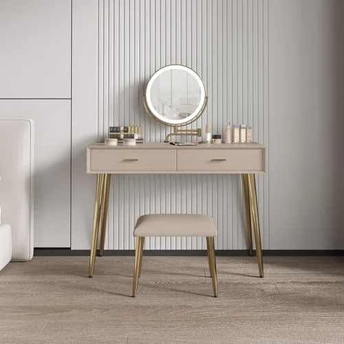 Vista 12 de Juego de escritorio con espejo giratorio de 360° y luces, pequeño tocador de maquillaje con cuero de microfibra, mesa de tocador con 2 cajones Beige