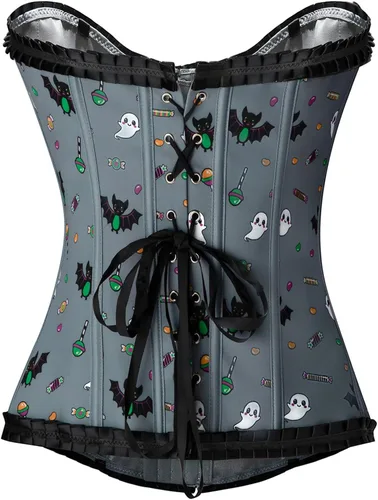 Vista 6 de Littleforbig Top para mujer con cordones deshuesados Overbust corsé Bustier Bodyshaper - Patrón de murciélago de azúcar