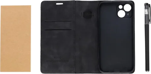 Vista 3 de MOJO - Funda para teléfono con bloc de notas para iPhone 13, 14 y 15, funda plegable con mini bolígrafo y bloc de notas (negro)