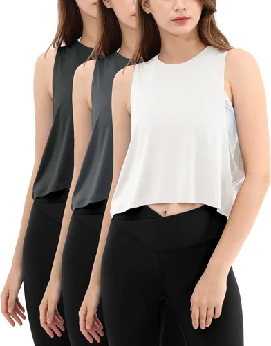 Vista 25 de ODODOS Paquete de 3 camisetas sin mangas sueltas para mujer, camisetas sin mangas para gimnasio, atletismo, entrenamiento, camisetas de yoga