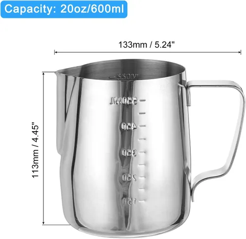 Vista 2 de uxcell Jarra de espuma de leche con líneas de escala, jarra de vapor de café de acero inoxidable de 20 oz/20.3 fl oz, accesorios para máquina