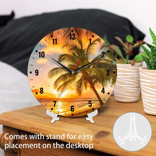 Vista 3 de SPUNKER Relojes de pared, reloj de pared de 10 pulgadas, diseño de palmeras y atardecer, funciona con pilas, pequeños relojes de pared decorativos