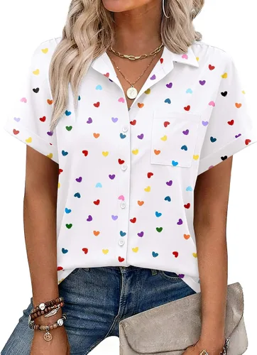 Vista 20 de Zeagoo Camisa de manga corta con botones para mujer, cuello en V, elegante, casual, para negocios, trabajo, con bolsillo, S-XXL