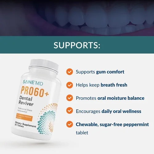 Vista 2 de Sane MD PRO60+ Dental Reviver para adultos mayores de 60 años, tabletas de probióticos orales masticables para encías saludables, aliento fresco