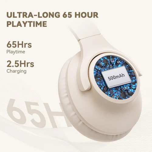 Vista 3 de KVIDIO Auriculares Bluetooth sobre la oreja, 65 horas de reproducción, inalámbricos con micrófono, auriculares ligeros plegables de baja latencia