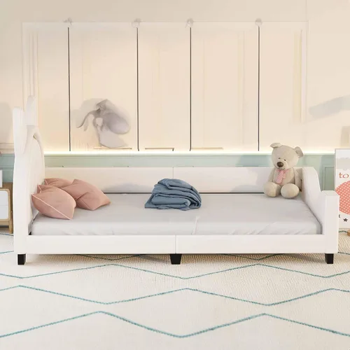 Vista 5 de Sofá cama con cabecero, cámaras en forma de conejo, marco de cama de madera con plataforma individual para niñas y niños, bonito sofá cama tapizado