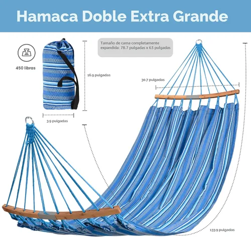Vista 5 de SUNCREAT Hamacas Hamaca Doble con Barra Separadora Curva, Hamaca Portátil para Exteriores con Bolsa de Transporte y Correas para Árboles para Azul