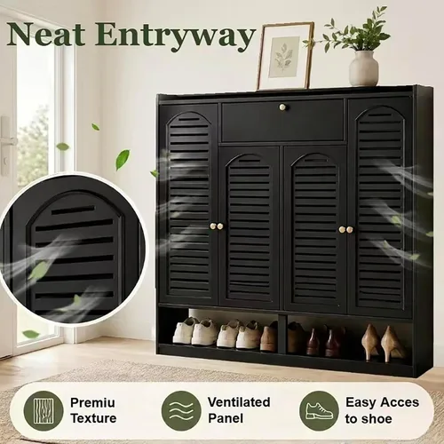 Vista 5 de Zapatero de bambú, 30-36 pares de 7 niveles con puertas, organizador de zapatos con estantes, organizador de zapatos de 41 pulgadas de alto