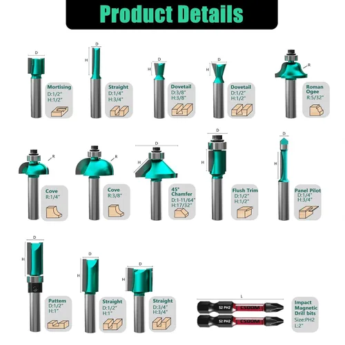 Vista 3 de CSOOM Juego de 30 brocas para fresadora, vástago de 1/2, con 2* cabezales de lote, brocas de madera profesionales, brocas de fresado de carburo
