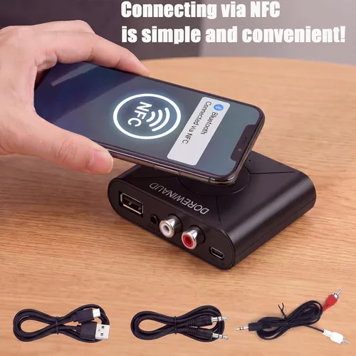 Vista 2 de Receptor de audio Bluetooth 5.3, receptor de audio inalámbrico Adaptador RCA para estéreo, unidad flash USB/NFC conexión de una tecla/altavoces