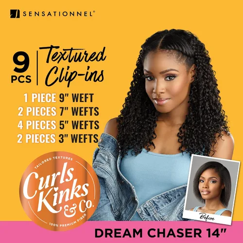 Vista 7 de Sensationnel Curls Kinksandco Clip in-Dream Chaser 14 pulgadas, 1 JETBLACK Sintético, juego de clips de 9 piezas, clips fáciles de usar, cabello