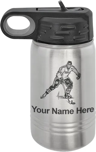 Vista 43 de LaserGram Botella de agua personalizada, jugador de hockey, acero inoxidable de doble pared aislada al vacío con popote superior, regalo grabado