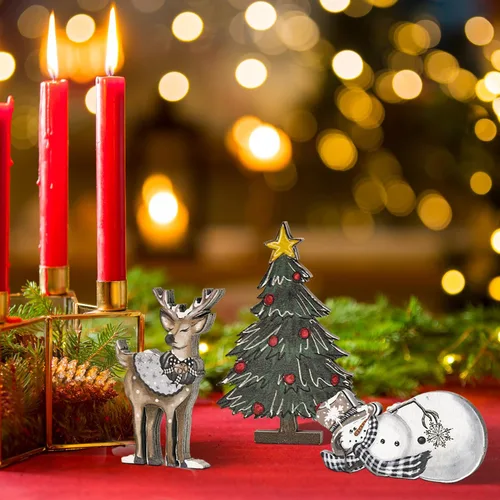 Vista 4 de Smile 3 Piezas Bloques de Madera Letreros de Navidad, Reno Árbol Muñeco de Nieve Decoraciones de Bandeja Escalonada, para Mesa y Estante del Hogar.