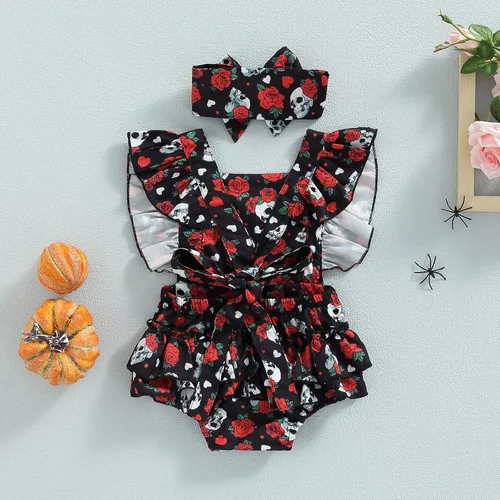 Vista 2 de GOOCHEER Ropa de Pascua para bebé niña, con correa de corbata, estampado floral, vestido con volantes y diadema