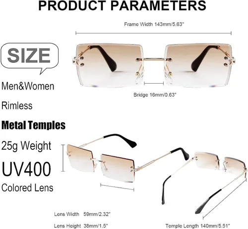 Vista 8 de Gafas de sol rectangulares para mujeres y hombres, sin marco, cuadradas, gafas de sol para hombre