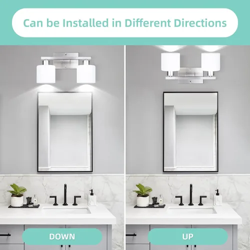 Vista 5 de SILAMPDI Accesorios de iluminación de baño sobre espejo de níquel cepillado, modernas lámparas de tocador de 2 luces, apliques de pared