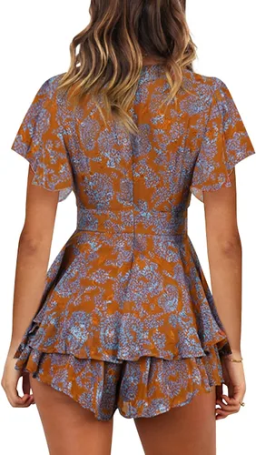 Vista 2 de DOFEEYA Mameluco corto floral para mujer, cuello en V, manga acampanada, vestido de verano, overol casual con lazo en la cintura y dobladillo