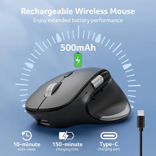 Vista 6 de Acer - Ratón ergonómico inalámbrico recargable con desplazamiento lateral (BT5.2+2.4GHz), ratón Bluetooth para computadora portátil, 6 DPI