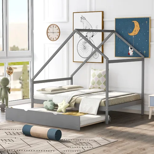 Vista 18 de Cama de madera maciza tamaño individual con techo, nido, 3 cajones de almacenamiento, sofá cama de plataforma para muebles de dormitorio, sala