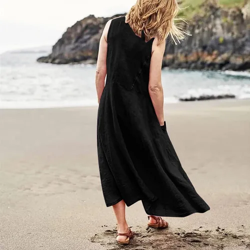 Vista 3 de BAJSDCU Dress for Women 2024 Fashion Casual Solid Cotton Dress Sleeveless with Pocket Loose Dress Tank Long Sleeve