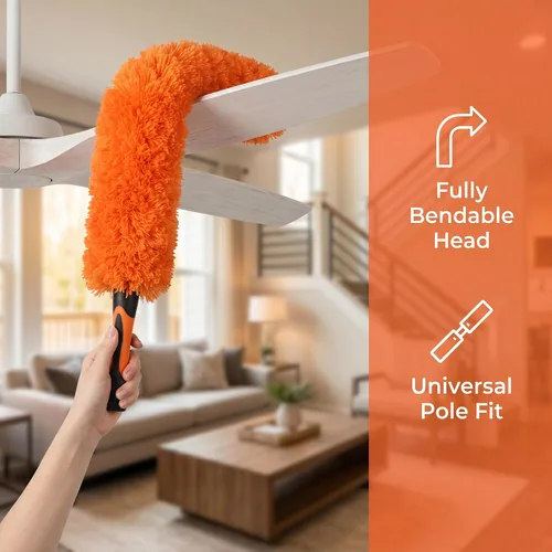 Vista 7 de Plumero de microfibra para poste extensible telescópico, kit de limpieza con cabezal flexible y punta protectora sin arañazos, cepillo lavable