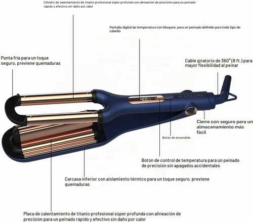 Vista 8 de MIRACOMB Hierro ondulado profundo de titanio, tecnología iónica, ajustes de calor digitales, apagado automático, doble voltaje