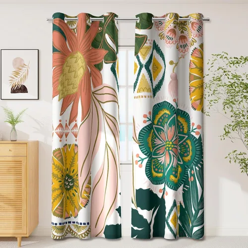 Vista 16 de Tyrot - Cortinas bohemias florales 100% opacas para dormitorio de 63 pulgadas de largo, 2 paneles. Cortinas botánicas de mediados de siglo