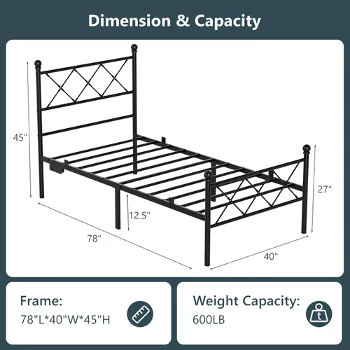 Vista 2 de VINGLI Base de cama individual con cabecero y estribo, marco de cama de metal con estribo extra alto, cama de plataforma resistente con luces LED