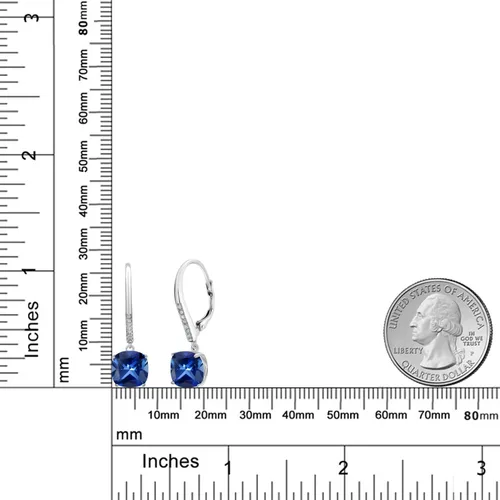 Vista 2 de Gem Stone King Aretes de plata de ley 925 con zafiro azul y diamante blanco para mujer (5.10 quilates, cojín de 0.315in), Metal Piedra preciosa