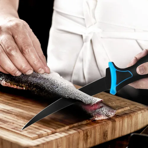 Vista 8 de FLISSA Juego de cuchillos de filete, cuchillo deshuesador y cuchillos de cebo con afilador, funda protectora, clip para cinturón, mango
