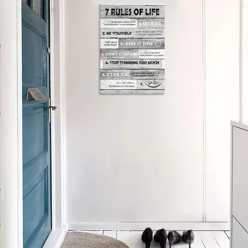 Vista 4 de Arte de pared inspirador con citas motivacionales, 7 reglas de la vida, impresiones en lienzo de tablero de madera, pintura en lienzo con citas
